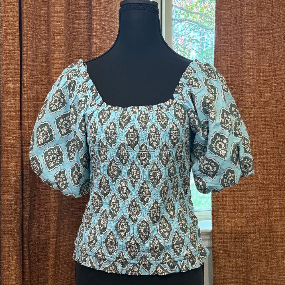 Maurices Blue and Green Patterned Smocked Blouse